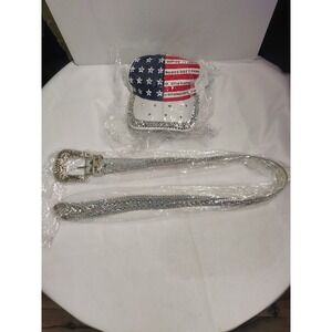 USA Flag Rhinestone Belt and Hat Set Western Bling Patriotic White Silver 43in